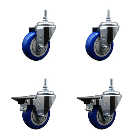 Service Caster 35 Inch Blue Polyurethane 12 MM Threaded Stem Caster Set 2 Brakes SCC SCC-TS20S3514-PPUB-BLUE-M1215-2-PLB2